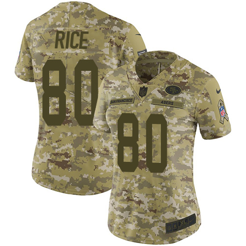 49ers #80 Jerry Rice Camo Women’s Stitched NFL 2018 Salute To Service Jersey