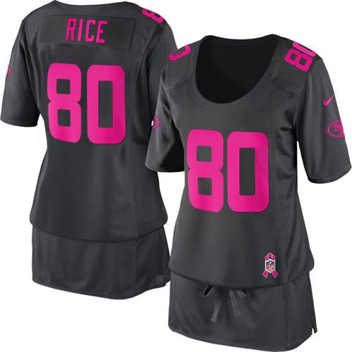 49ers #80 Jerry Rice Dark Grey Women’s Breast Cancer Awareness Stitched NFL Elite Jersey