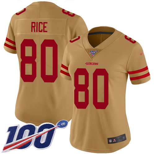 49ers #80 Jerry Rice Gold Women’s Stitched NFL Inverted Legend 100th Season Jersey