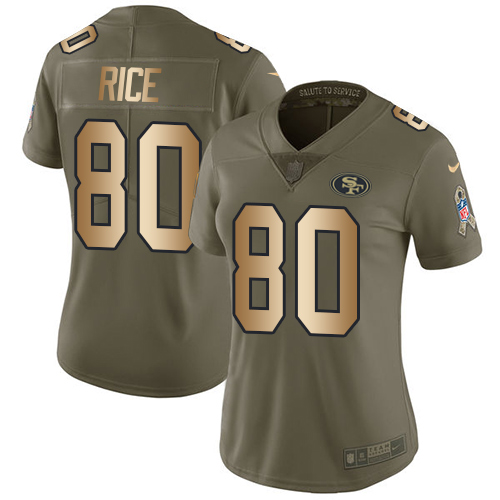 49ers #80 Jerry Rice Olive/Gold Women’s Stitched NFL 2017 Salute To Service Jersey