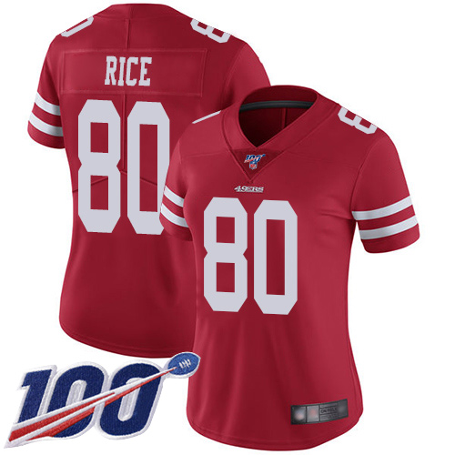 49ers #80 Jerry Rice Red Team Color Women’s Stitched NFL 100th Season Vapor Jersey