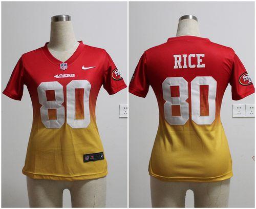 49ers #80 Jerry Rice Red/Gold Women’s Stitched NFL Elite Fadeaway Fashion Jersey