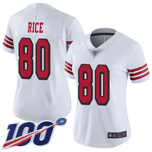 49ers #80 Jerry Rice White Rush Women’s Stitched NFL 100th Season Jersey