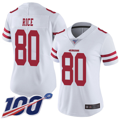 49ers #80 Jerry Rice White Women’s Stitched NFL 100th Season Vapor Jersey