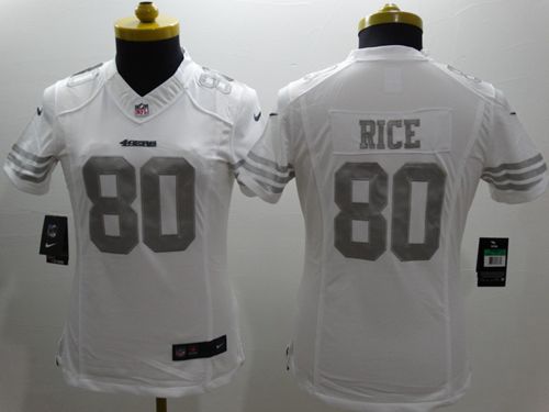 49ers #80 Jerry Rice White Women’s Stitched NFL Platinum Jersey