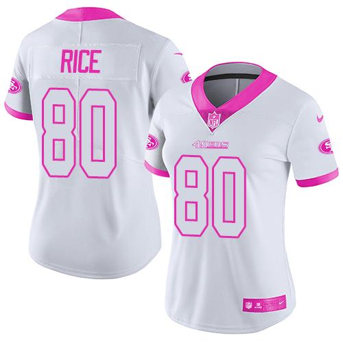 49ers #80 Jerry Rice White/Pink Women’s Stitched NFL Rush Fashion Jersey