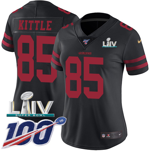 49ers #85 George Kittle Black Super Bowl LIV 2020 Alternate Women’s Stitched NFL 100th Season Vapor Jersey