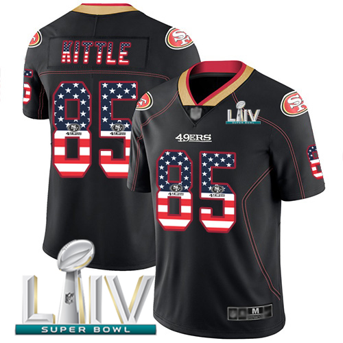 49ers #85 George Kittle Black Super Bowl LIV 2020 Men’s Stitched NFL Rush USA Flag Jersey