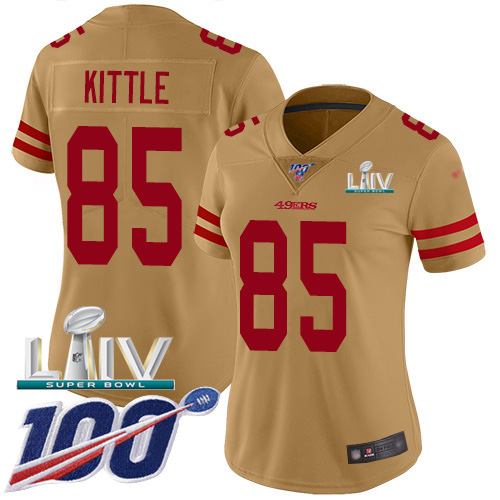 49ers #85 George Kittle Gold Super Bowl LIV 2020 Women’s Stitched NFL Inverted Legend 100th Season Jersey