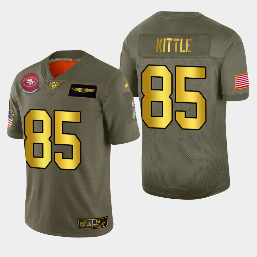 49ers #85 George Kittle Men’s Olive Gold 2019 Salute To Service NFL 100 Jersey