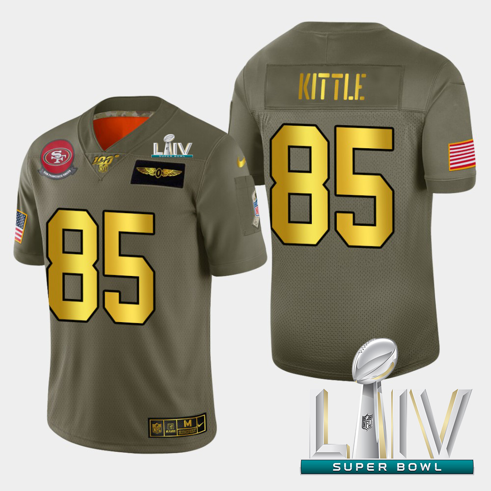 49ers #85 George Kittle Men’s Olive Gold Super Bowl LIV 2020 2019 Salute To Service NFL 100 Jersey