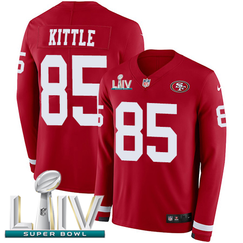 49ers #85 George Kittle Red Super Bowl LIV 2020 Team Color Youth Stitched NFL Therma Long Sleeve Jersey