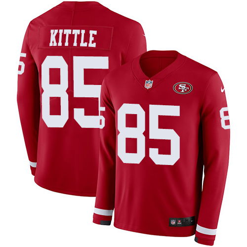 49ers #85 George Kittle Red Team Color Men’s Stitched NFL Therma Long Sleeve Jersey