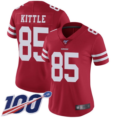 49ers #85 George Kittle Red Team Color Women’s Stitched NFL 100th Season Vapor Jersey