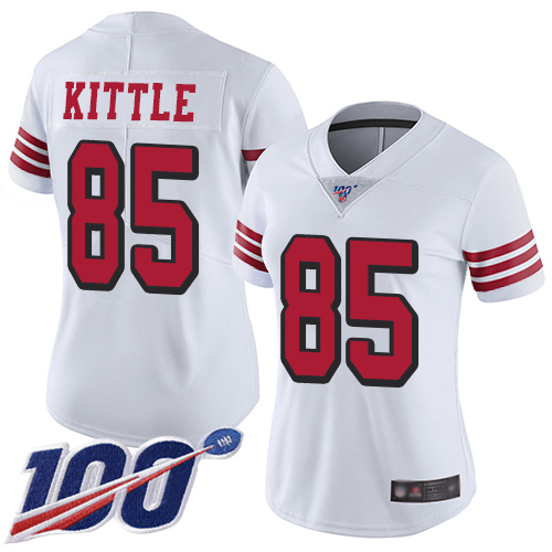 49ers #85 George Kittle White Rush Women’s Stitched NFL 100th Season Jersey