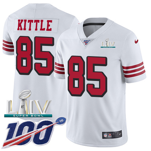 49ers #85 George Kittle White Super Bowl LIV 2020 Rush Men’s Stitched NFL 100th Season Jersey