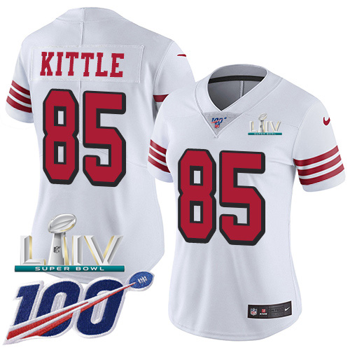 49ers #85 George Kittle White Super Bowl LIV 2020 Rush Women’s Stitched NFL 100th Season Jersey