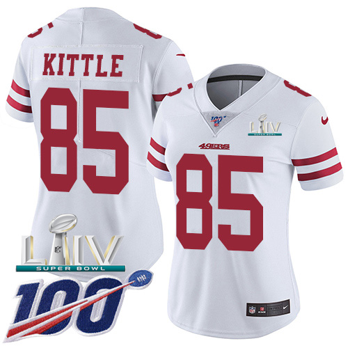 49ers #85 George Kittle White Super Bowl LIV 2020 Women’s Stitched NFL 100th Season Vapor Jersey