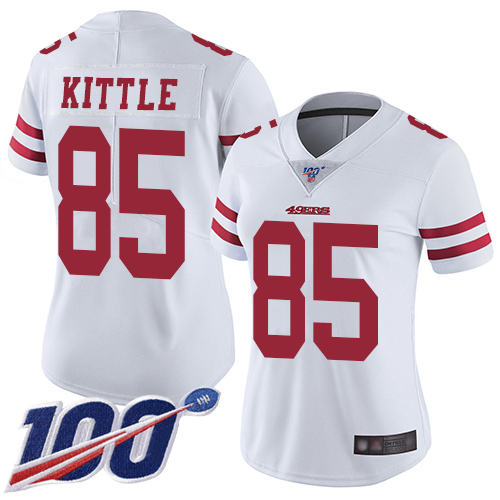 49ers #85 George Kittle White Women’s Stitched NFL 100th Season Vapor Jersey