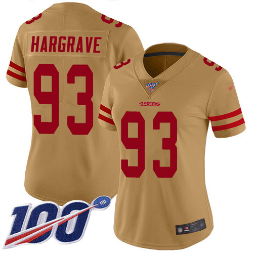 49ers #93 Javon Hargrave Gold Women’s Stitched NFL Inverted Legend 100th Season Jersey
