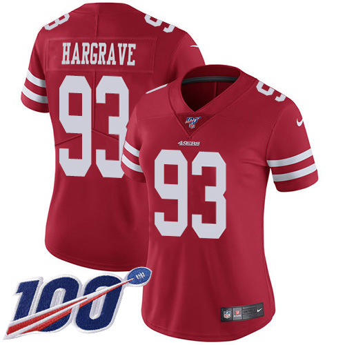 49ers #93 Javon Hargrave Red Team Color Women’s Stitched NFL 100th Season Vapor Jersey