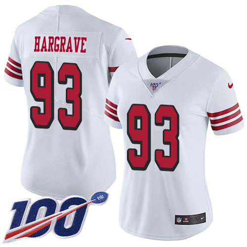 49ers #93 Javon Hargrave White Rush Women’s Stitched NFL 100th Season Jersey