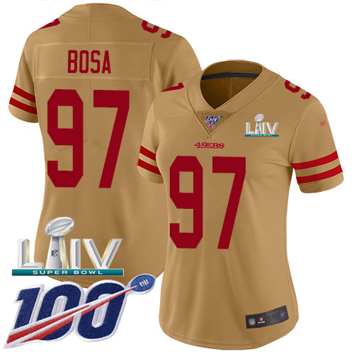 49ers #97 Nick Bosa Gold Super Bowl LIV 2020 Women’s Stitched NFL Inverted Legend 100th Season Jersey