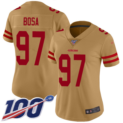 49ers #97 Nick Bosa Gold Women’s Stitched NFL Inverted Legend 100th Season Jersey