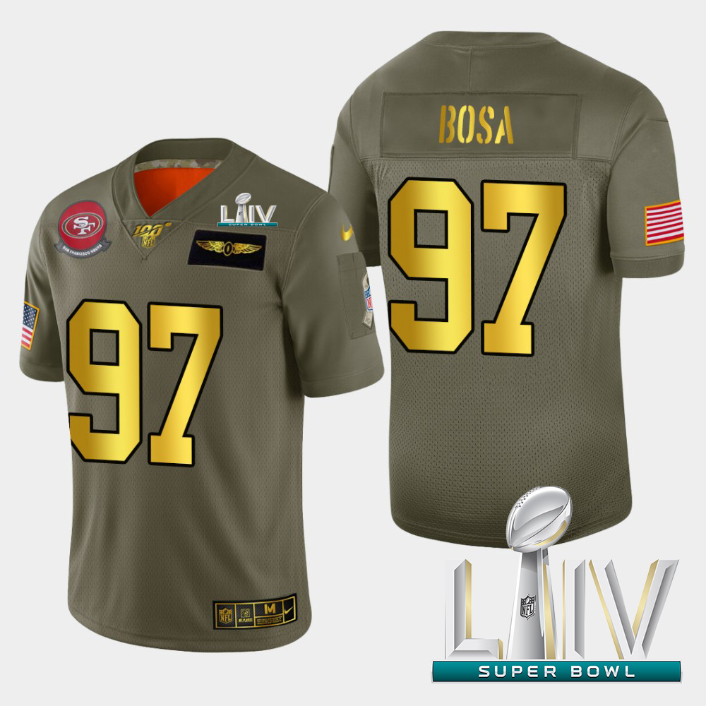 49ers #97 Nick Bosa Men’s Olive Gold Super Bowl LIV 2020 2019 Salute To Service NFL 100 Jersey