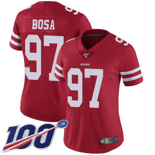 49ers #97 Nick Bosa Red Team Color Women’s Stitched NFL 100th Season Vapor Jersey