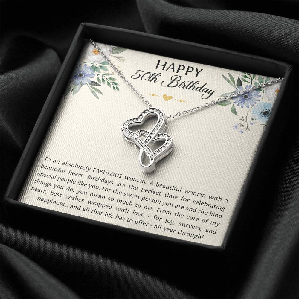 50th Birthday Gifts For Women, To A Fabulous Woman, Double Heart Necklace, Happy Birthday Message Card Jewelry For Mom