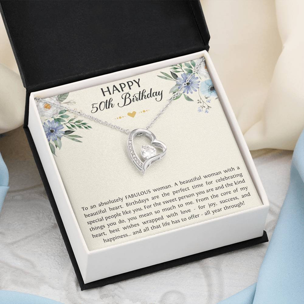 50th Birthday Gifts For Women, To A Fabulous Woman, Forever Love Heart Necklace, Happy Birthday Message Card Jewelry For Mom