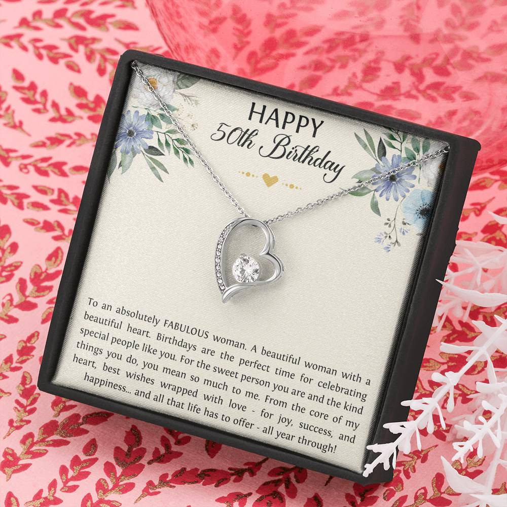 50th Birthday Gifts For Women, To A Fabulous Woman, Forever Love Heart Necklace, Happy Birthday Message Card Jewelry For Mom