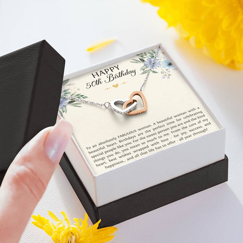 50th Birthday Gifts For Women, To A Fabulous Woman, Interlocking Heart Necklace, Happy Birthday Message Card Jewelry For Mom