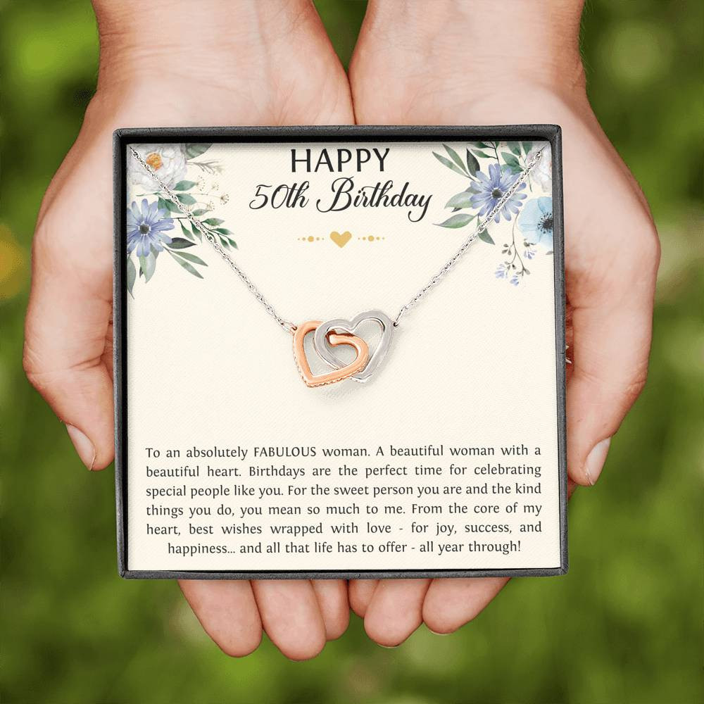 50th Birthday Gifts For Women, To A Fabulous Woman, Interlocking Heart Necklace, Happy Birthday Message Card Jewelry For Mom