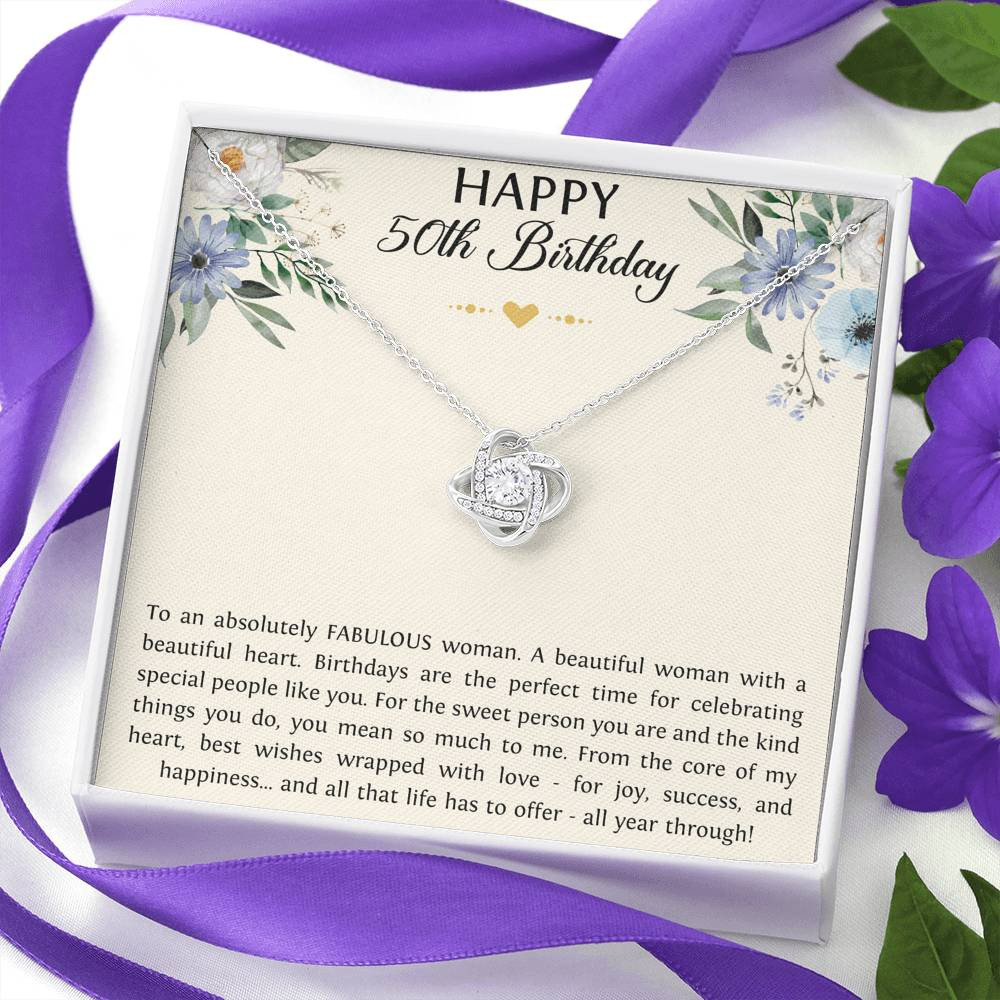 50th Birthday Gifts For Women, To A Fabulous Woman, Love Knot Necklace, Happy Birthday Message Card Jewelry For Mom