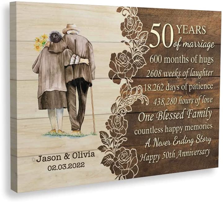 50th Golden Wedding Anniversary Wall Art with Personalized Couple’s Names Date, Old Husband and Wife in Love 50 Years of Marriage Canvas Print