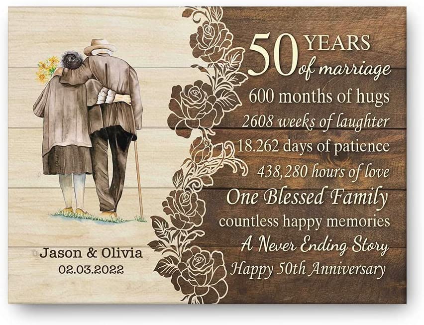 50th Golden Wedding Anniversary Wall Art with Personalized Couple’s Names Date, Old Husband and Wife in Love 50 Years of Marriage Canvas Print
