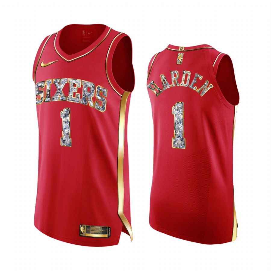 76ers #1 James Harden Red Jersey Diamond Edition 2022 NBA Playoffs