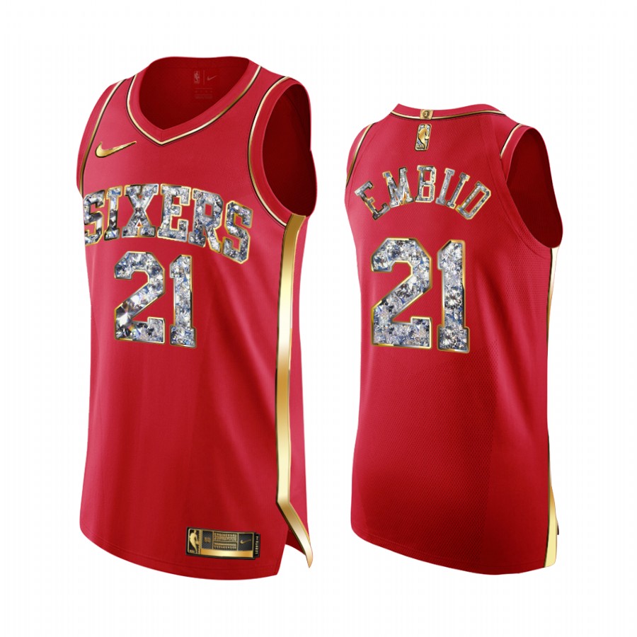 76ers #21 Joel Embiid Red Jersey Diamond Edition 2022 NBA Playoffs