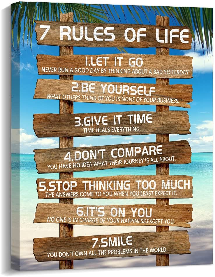 7 Rules of Life Motivational Canvas Wall Decor Beach Positive Quotes Living Room Rustic Framed Art for Bedroom Bathroom