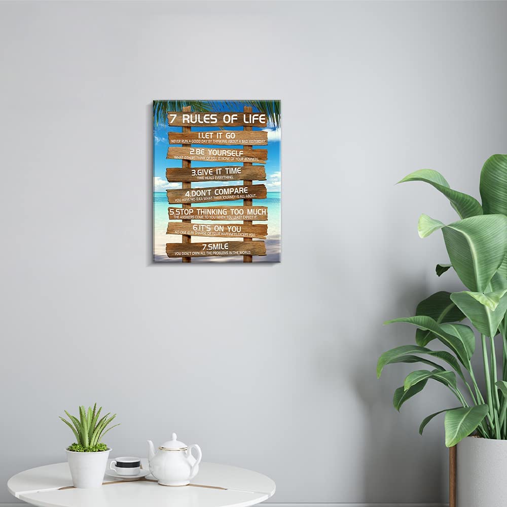 7 Rules of Life Motivational Canvas Wall Decor Beach Positive Quotes Living Room Rustic Framed Art for Bedroom Bathroom