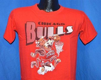 80s Chicago Bulls Jack Davis Cartoon Bull Dunk Red Vintage T-Shirt