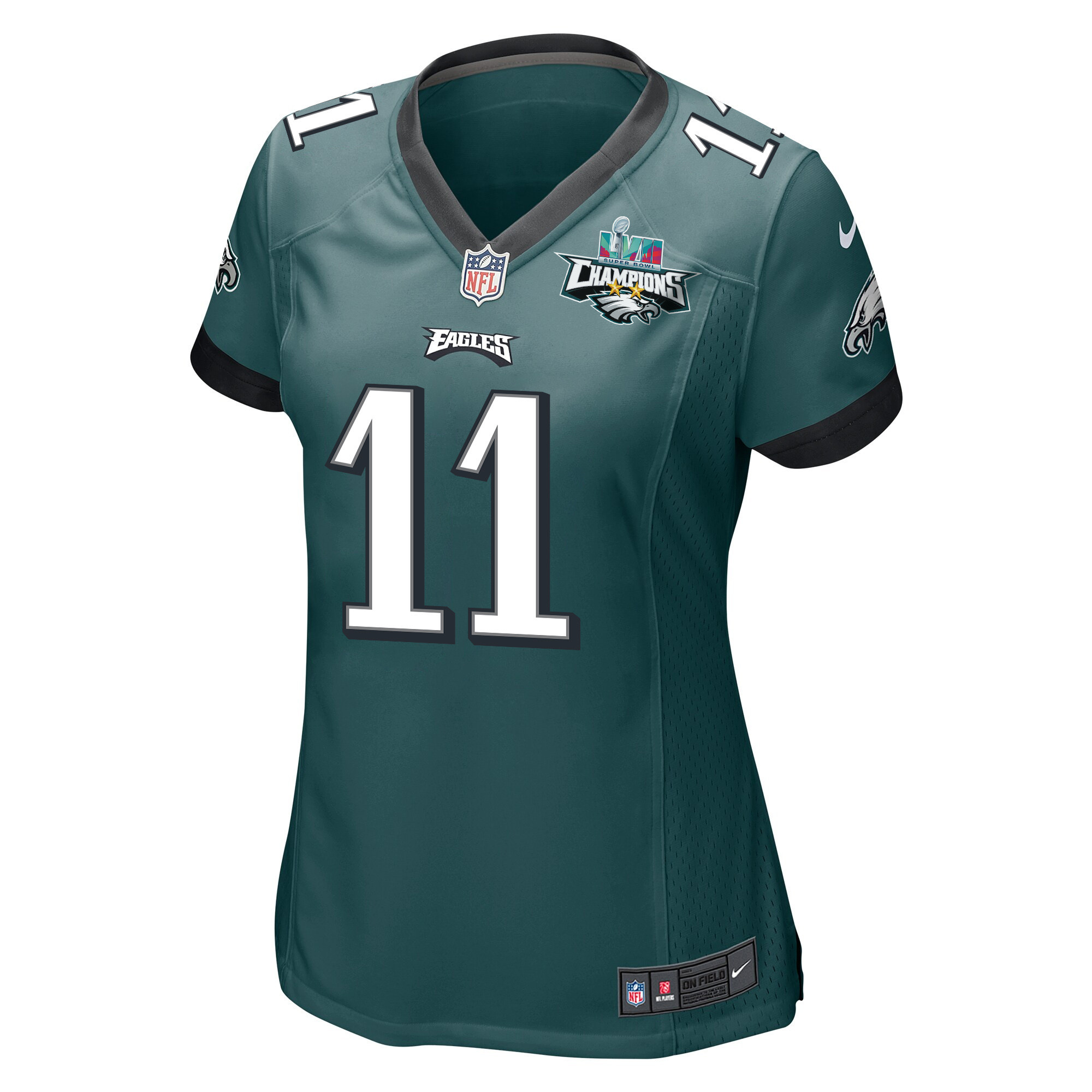 A.J. Brown 11 Philadelphia Eagles Super Bowl LVII Champions 2 Stars Women Game Stitched Jersey – Midnight Green