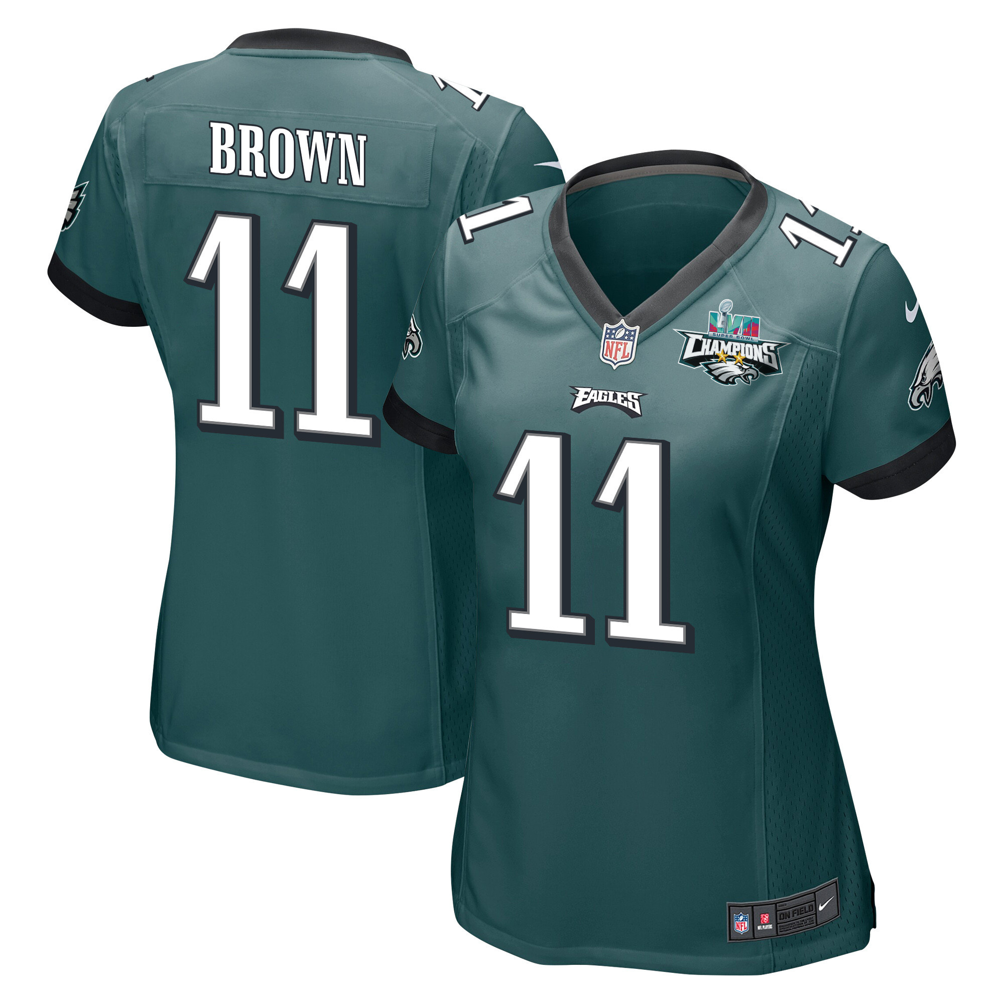 A.J. Brown 11 Philadelphia Eagles Super Bowl LVII Champions 2 Stars Women Game Stitched Jersey – Midnight Green