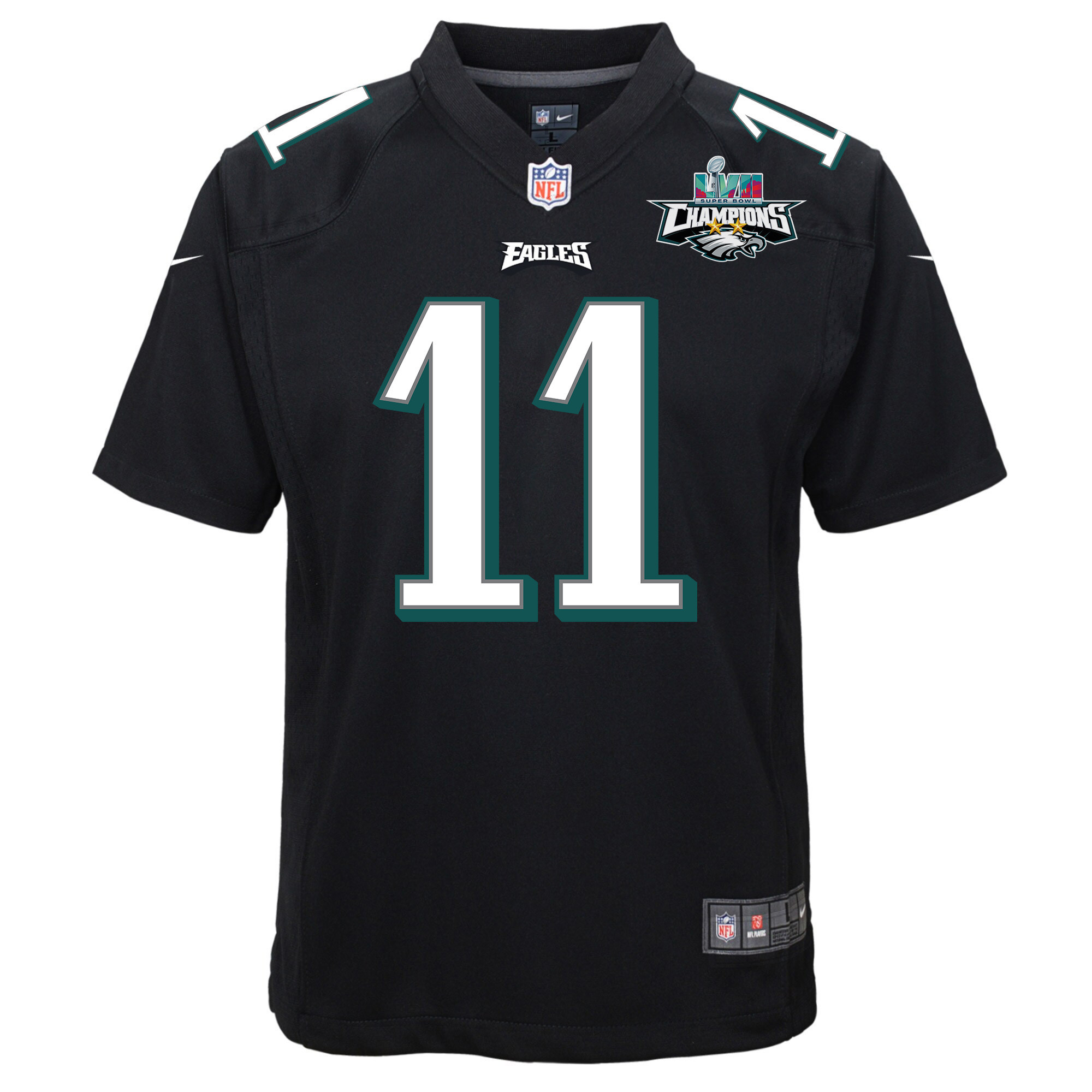 A.J. Brown 11 Philadelphia Eagles Super Bowl LVII Champions 2 Stars Youth Game Stitched Jersey – Black