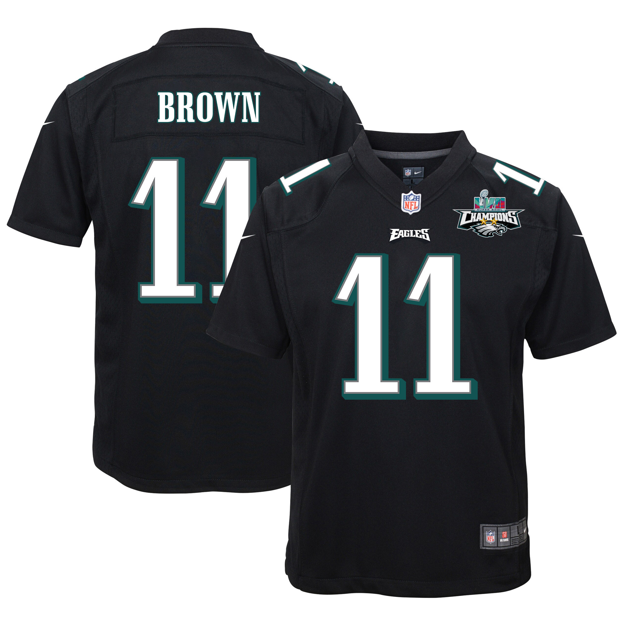 A.J. Brown 11 Philadelphia Eagles Super Bowl LVII Champions 2 Stars Youth Game Stitched Jersey – Black