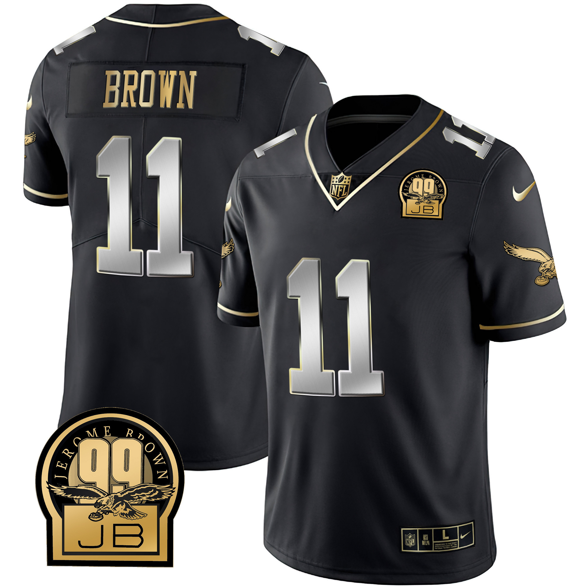 A.J. Brown Men's Philadelphia Eagles Jerome Brown Retired Patch Gold & Kelly Black Limited Jersey - All Stitched