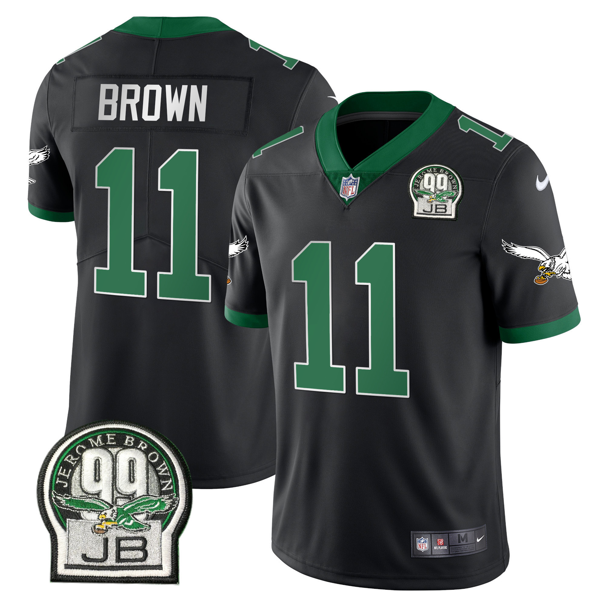 A.J. Brown Men's Philadelphia Eagles Jerome Brown Retired Patch Gold & Kelly Kelly Black Jersey - All Stitched