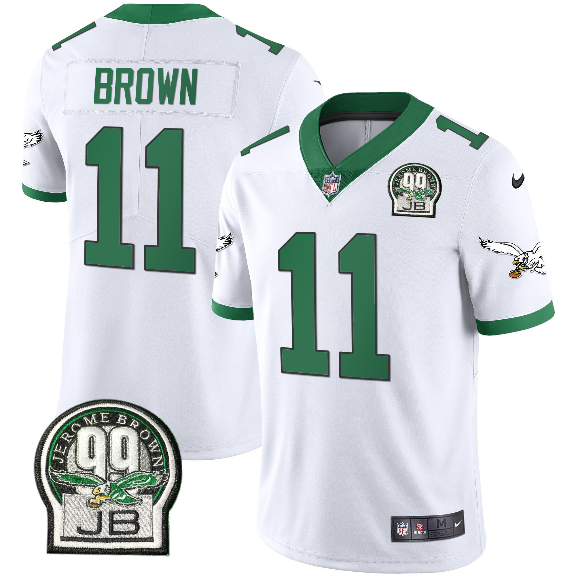 A.J. Brown Men's Philadelphia Eagles Jerome Brown Retired Patch Gold & Kelly Kelly White Jersey - All Stitched